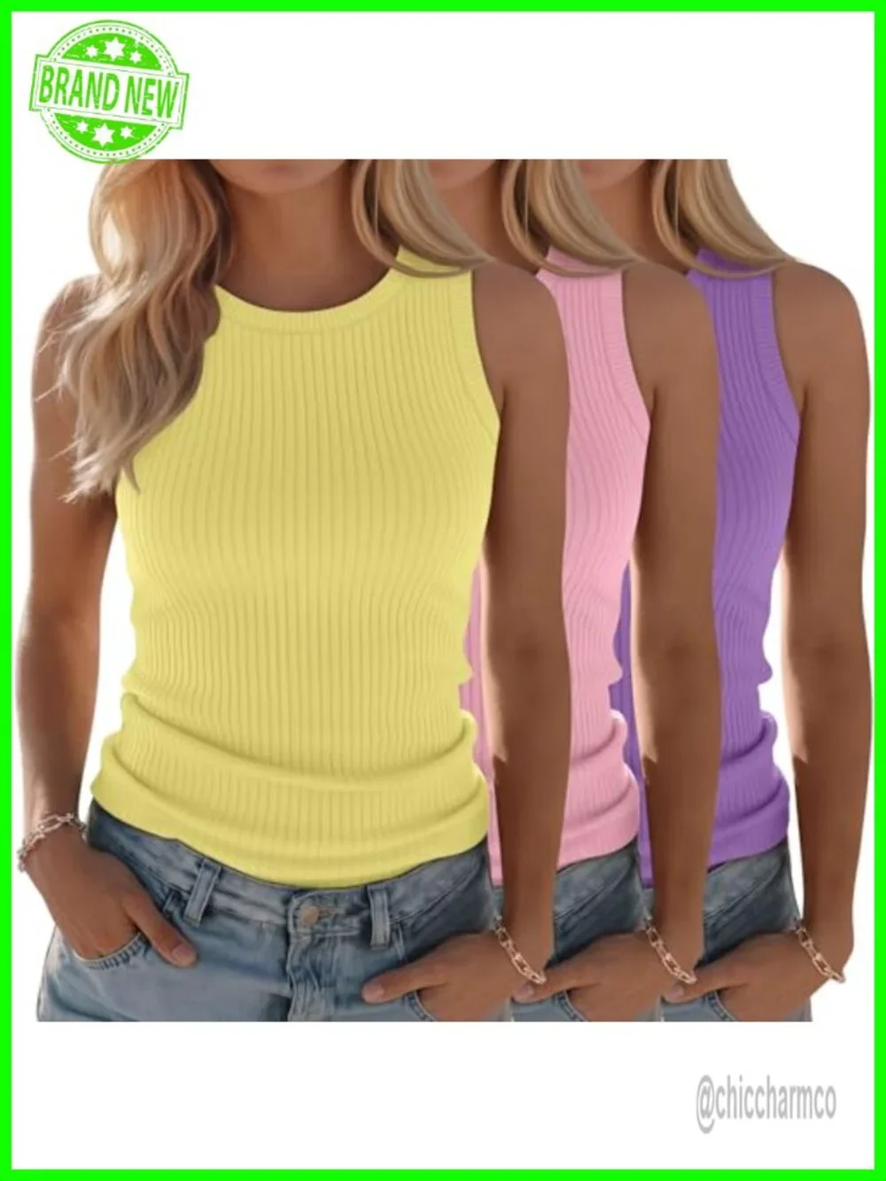 3 Pack Ribbed Cotton Tank Tops Sleeveless Slim Fit Crew Neck Summer Basic Tees